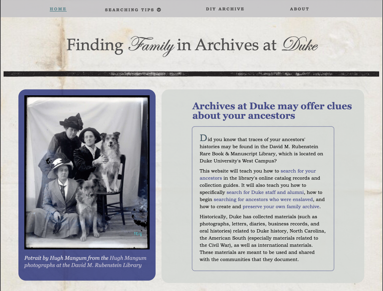 home page for Finding Family in Duke Archives website